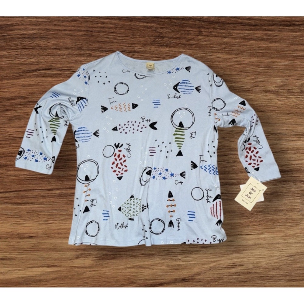 New Jess &‎ Jane Cotton Knit T-Shirt Top Sz XL Blue Geometric Fish Bahamas